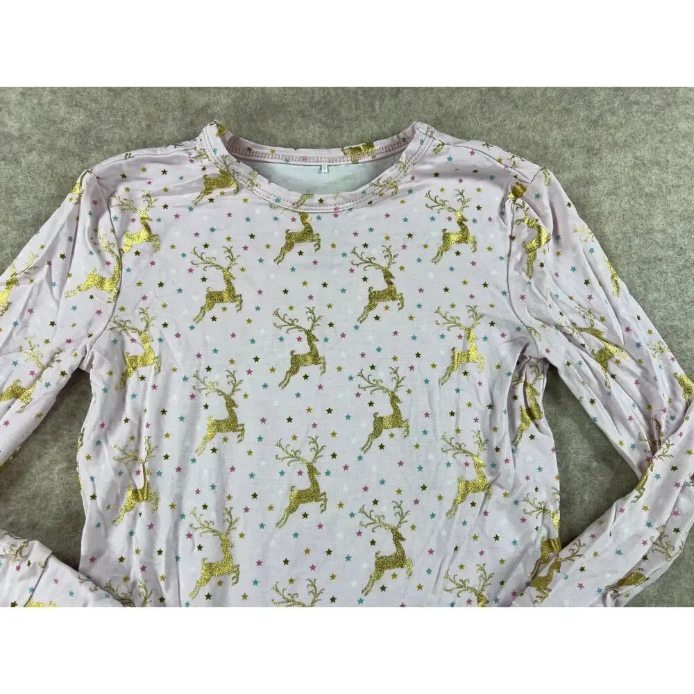 Posh Peanut Ryleigh Gold Foil Reindeer Bamboo Pajama Set Light Pink Size 5/6